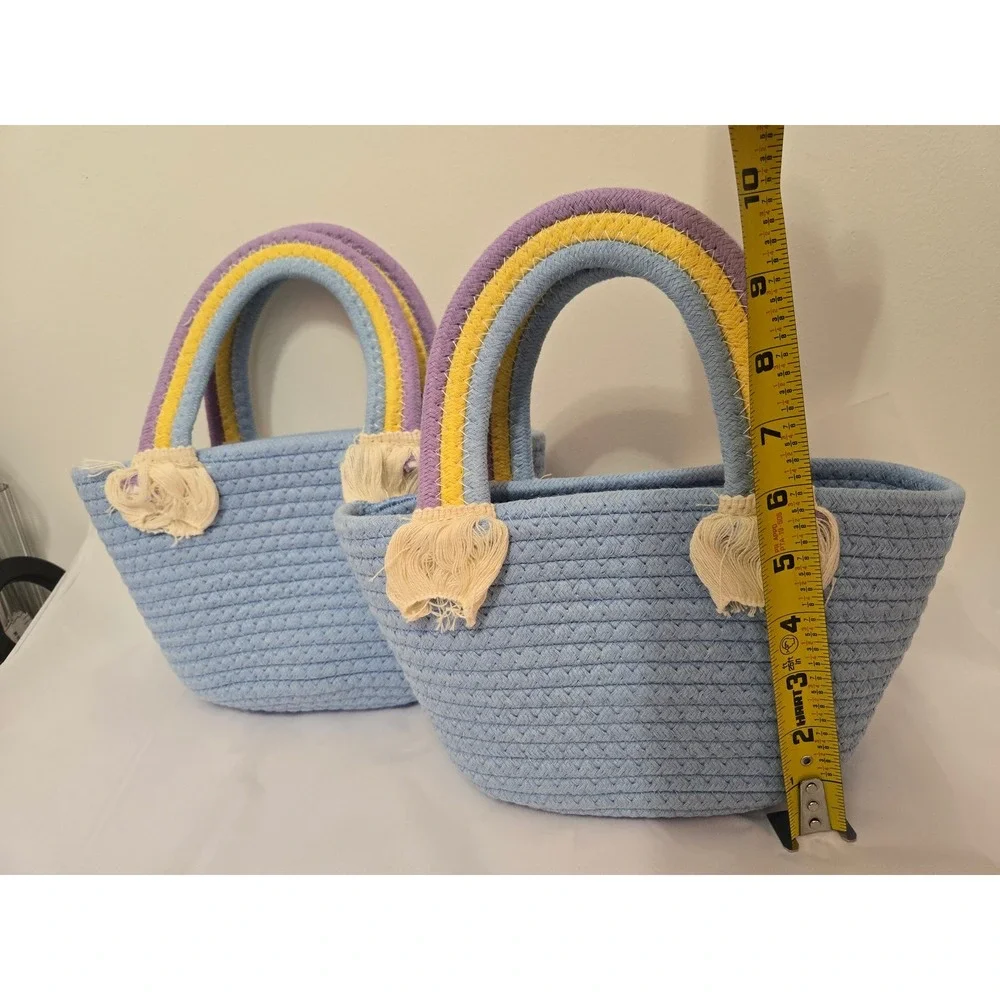 Kids Blue Rope Tote Bag Rainbow Handle Straw‎ Beach Purse Set of 2